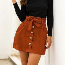Load image into Gallery viewer, Lady&#39;s Corduroy Skirt New Fashion Hight Waist Pocket Button Bow Bodycon Elastic Short Skirt mujer moda 2020
