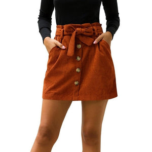 Lady's Corduroy Skirt New Fashion Hight Waist Pocket Button Bow Bodycon Elastic Short Skirt mujer moda 2020
