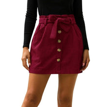 Load image into Gallery viewer, Lady&#39;s Corduroy Skirt New Fashion Hight Waist Pocket Button Bow Bodycon Elastic Short Skirt mujer moda 2020
