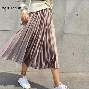 Spring 2020 Women Long Metallic Silver Maxi Pleated Skirt Midi Skirt High Waist Elascity Casual Party Skirt Vintage