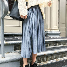 Load image into Gallery viewer, Spring 2020 Women Long Metallic Silver Maxi Pleated Skirt Midi Skirt High Waist Elascity Casual Party Skirt Vintage
