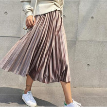 Load image into Gallery viewer, Spring 2020 Women Long Metallic Silver Maxi Pleated Skirt Midi Skirt High Waist Elascity Casual Party Skirt Vintage
